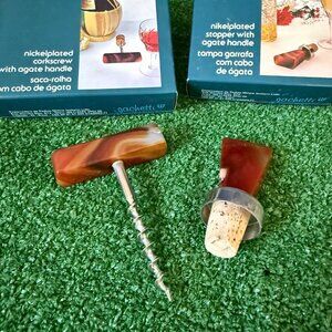 Vintage Corkscrew Vine Bottle Opener & Stopper Agate Gemstone Handle Lot of 2